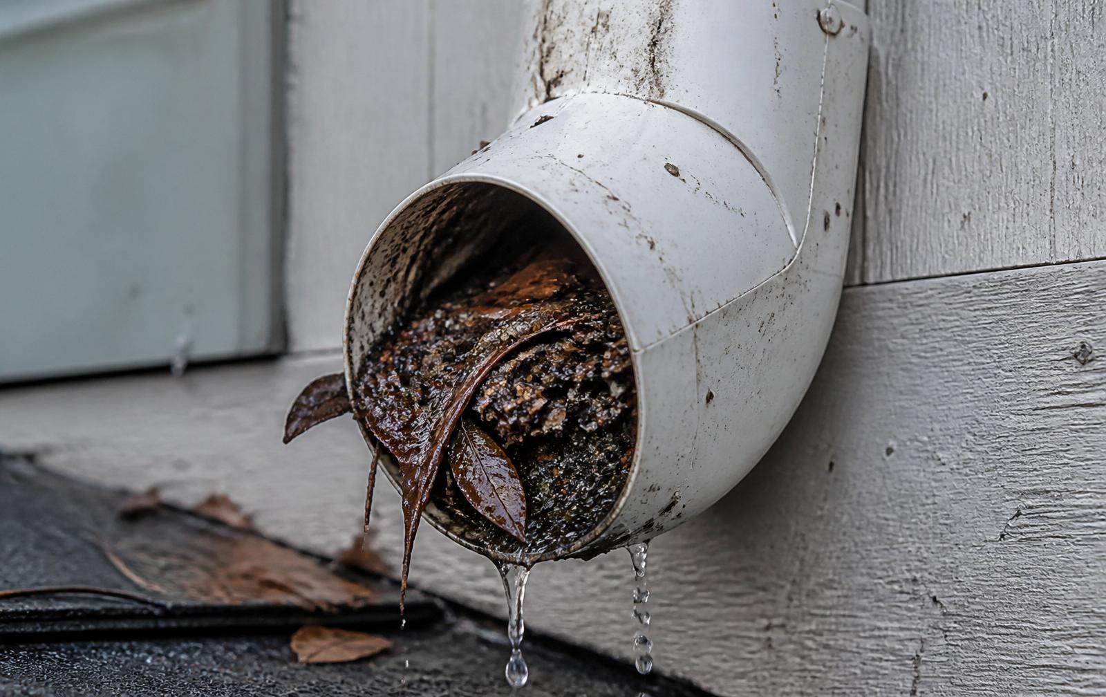 Clogged downspout elbow packed with wet leaves and roof grit